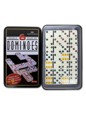 картинка Домино в железном боксе, 6 цветных точек, Partida 19х12 см, костяшка 5х2,5 см от магазина Gamesdealer.ru